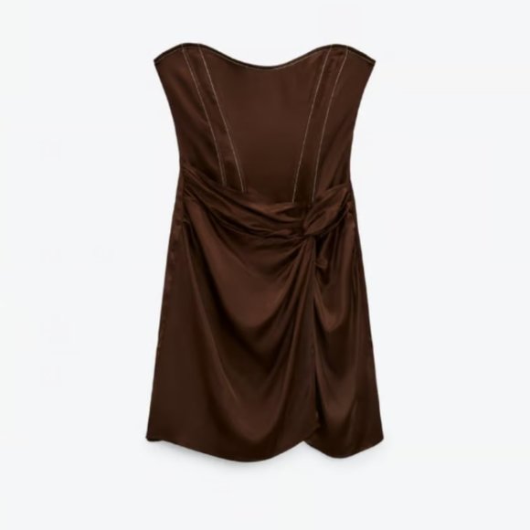 NWT Zara Brown Satin Strapless Corset Mini Dress - Picture 2 of 12